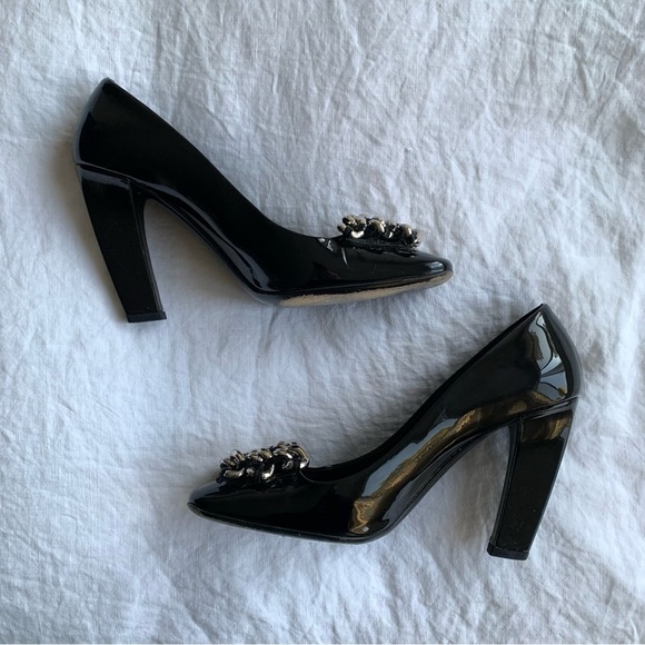 Vintage Prada Patent Leather Silver Chain Round Square Toe Heels 37 - Picture 5 of 10